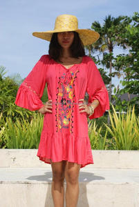 Robe de plage bohème sexy à col noué pour femmes, vêtements indiens, fabricants de vêtements, broderie florale vintage, manches cloche, vestidos tunique - Product Image 6