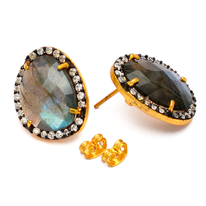 Oval Briolette Labradorite CZ Gemstone Stud <b>Earring</b> 925 <b>Sterling</b> <b>Silver</b> Jewelry Prong Setting Fashionable Stud <b>Earring</b> For <b>Women</b> - Product Image 2