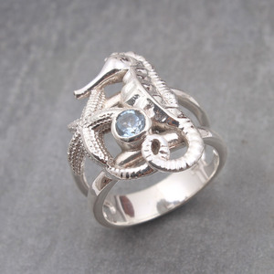 Cheval de mer conception topaze bleue pierre gemme 925 bague en argent sterling bijoux en gros fabricant anneau de pierres précieuses - Product Image 3