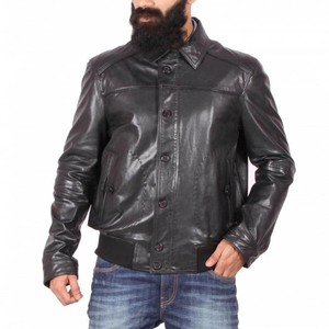 Blousons aviateur en cuir de mouton pur noir à la mode pour hommes première couche de blouson pleine fleur avec logo brodé sur mesure - Product Image 1
