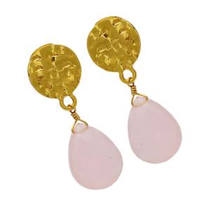 <b>Rose</b> Chalcedony Gemstone Hammered <b>Stud</b> <b>Earrings</b> Briolette Cut 925 Sterling Silver <b>Gold</b> Plated Stylish Trendy Engagements Unisex - Product Image 2