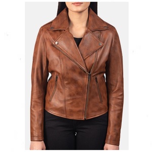 Veste en cuir véritable à la mode pour femmes en beige foncé look motard sportif nouveautés conception personnalisée pas cher en gros - Product Image 1