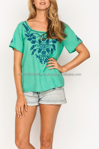 เสื้อเบลาส์คอตตอน100% ของผู้หญิงเสื้อเบลาส์ปักลายพื้นเมืองเก๋ไก๋ใส่สบายฤดูร้อน - Product Image 3