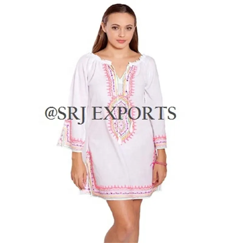 Traditionelle orientalische Charm Mint White Kontrast bestickte europäische Frauen Sexy Beach Frauen Langarm Kleid weiße Tunika