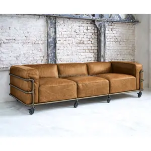 Industrial four -Seater Leather Sofa,Leather sofa with cast iron wheels