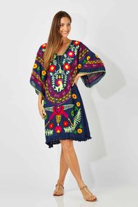 Aari-túnica de Color fluorescente bordada con cuello de pico, Vestido corto bohemio con manga de murciélago, dobladillo con flecos y cuello de ganchillo - Product Image 4