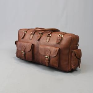 Bolso de fin de semana de lona de cuero marrón de estilo Vintage, bolso Weekender de cuero genuino, bolso de viaje de cuero-VCS 0009 - Product Image 1