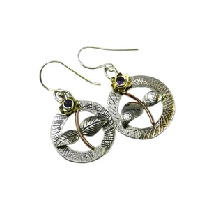 Pendientes colgantes de plata de ley 925 con piedras preciosas de amatista, joyería chapada en oro de dos tonos para mujeres y niñas, regalos de fiesta de boda - Product Image 1