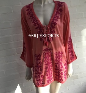 Voguish Best Selling Chic Pink Leaf Embroidery & Bead Embellishment Relaxed Fit <b>Beach</b> Swimwear <b>Cover</b> <b>up</b> Dress Tunic for <b>Women</b> - Product Image 4