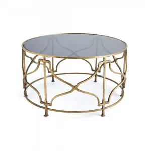 Tavolino da caffè rotondo in metallo anticato moderno in foglia d'oro tavolo in vetro specchiato traforato per soggiorno camera da letto Be