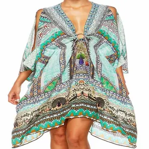 Trend yüksek moda dijital baskılı süslenmiş Kaftan Beachwear Resort giyim dijital baskı Kaftan parti elbise