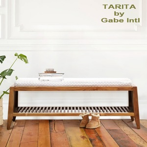 Banco para Pie de Cama de Madera de Teca Sólida con Cojín de Tela Extraíble y Estante, Mueble de Dormitorio de Estilo Contemporáneo Vintage - Product Image 2