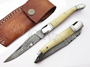 Couteau pliant utilitaire Laguiole en acier Damas (SMF28) - Personnalisable OEM, qualité industrielle, manche en os de chameau, garantie 3 ans - Product Image 3