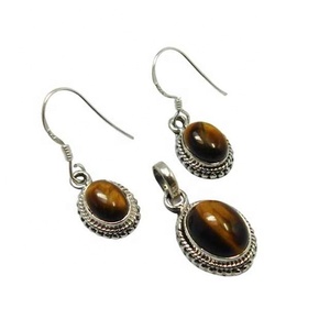 Nouveau chaud pour les femmes filles bijoux 925 en argent Sterling oeil de tigre pierres précieuses pendentifs ensemble de boucles d'oreilles pour femme - Product Image 1