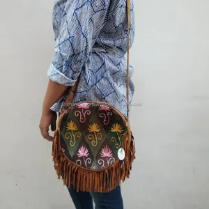 Beautiful Handmade suede leather embroidery banjara fringes sling bag Handmade Embroidered Sling Bags For Travelling, Outing