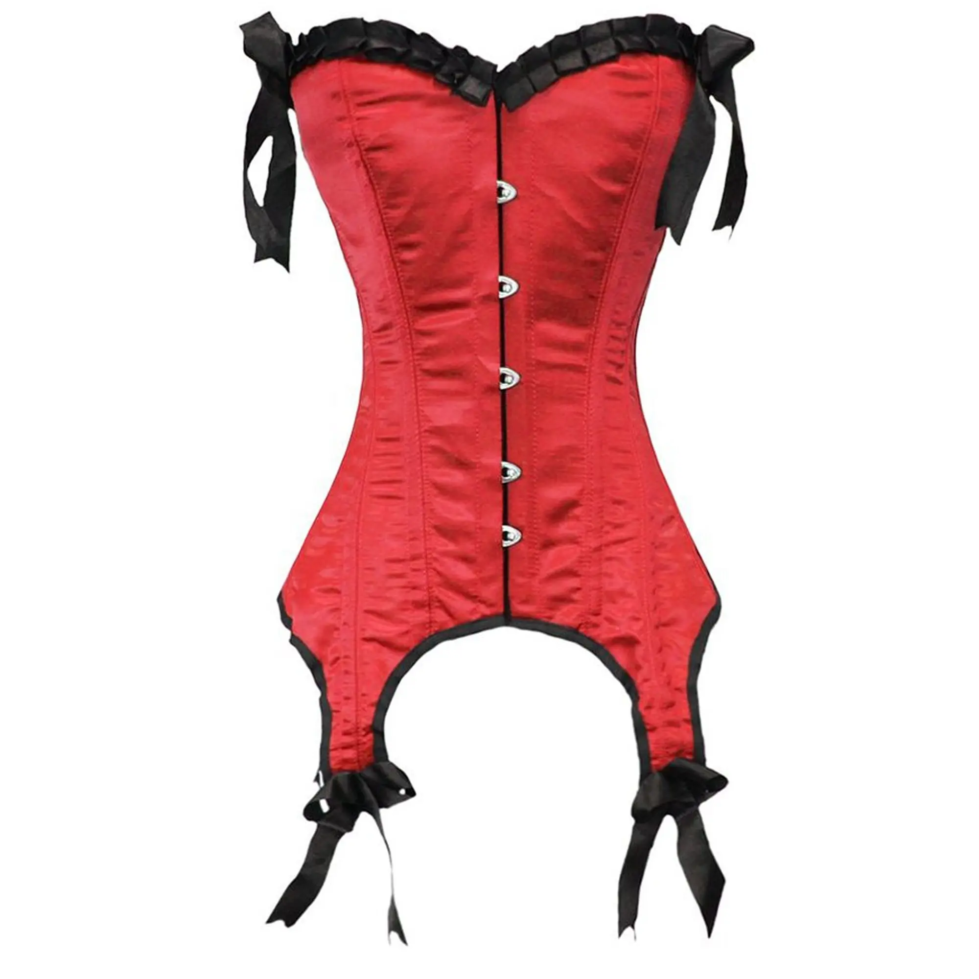 Nuovo Design di alta qualità corsetto in acciaio rosso satinato con balze e fiocchi di raso nero