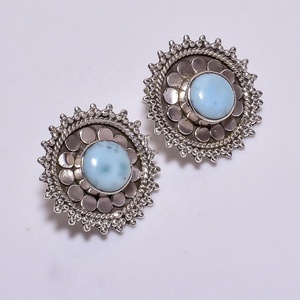 Wholesale 925 <b>Sterling</b> <b>Silver</b> Handmade Round Shape Larimar Stud Earrings Fine Jewelry for Weddings - Product Image 1