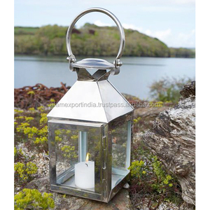 Lanterne élégante en métal en acier inoxydable finition argentée brillante décor de maison et de jardin verre transparent qualité d'exportation - Product Image 1
