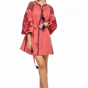 Elegant Hot Summer fashion traditional embroidered women Linen Mini Designer Tunic Tops full sleeves Ukrainian Mini Dress