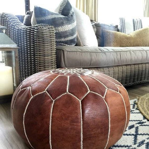 Moroccan Ottoman Pouf, Genuine <b>Leather</b> Ottoman, Natural Tan Color Pouffe Unstuffed Footstool - Product Image 1