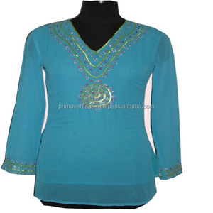 Robe de soirée pour femmes de créateur tunique courte avec broderie au cou fortement perlé mousseline de soie à la mode et pelouse pour l'été - Product Image 2