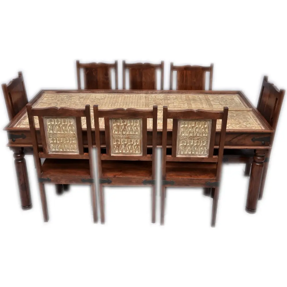 Tavolo da pranzo intagliato tribale di mobili VINTAGE con 8 sedie IN finitura di emergenza