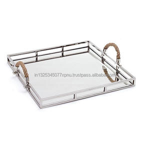 Plateau de service en miroir avec poignée en jute - Product Image 1