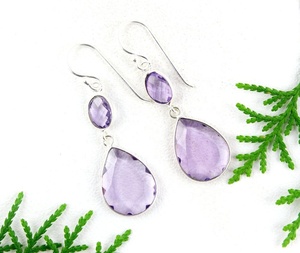 Boucles d'oreilles ovales et en forme de poire en améthyste violette naturelle, bijoux en argent Sterling 925 plaqué - Product Image 2