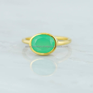925พลอยคาลซิโดนีสีเขียวน้ำทะเลแหวนชุบทองทำมือรูปเงินสเตอร์ลิง - Product Image 1