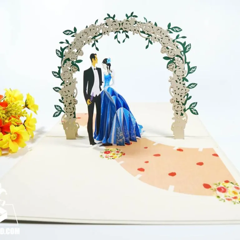 Mutlu düğün davetiyesi 3d lazer kesim güzel el yapımı Pop Up kart
