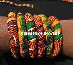 Kente Africano Kente Tecido Coberto De Madeira Chunky Pulseira Verão Jóias Pulseira Declaração Africano Ancara cera Médio