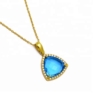 Cuarzo azul chapado en oro. Collar de Plata de Ley 925 Cadena de hoja en forma de triángulo Joyería de moda para bodas y regalos - Product Image 1