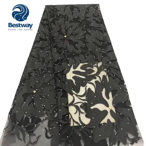 Bestway Black Nigerian embroidery African french lace fabric with Rhinestone Mesh lace Velvet wholesale price FL2578B