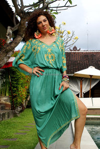 Wholesale Hot Selling Bohemian Dolmen Sleeve <b>Floral</b> Embroider Side Slit Tassel <b>Tie</b> Neck Maxi Dress Boho Lady Evening Party Dress - Product Image 2