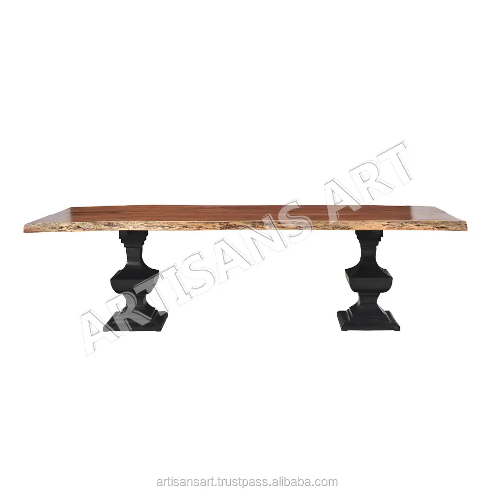Table à manger en fer forgé Vintage rustique, 4 pièces, base en bois d'acacia, meubles de salle à manger, Base en fonte