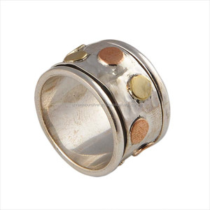 Shree Jaipur <b>Silver</b> 925 Sterling <b>Silver</b> Tri Metal <b>Spinner</b> <b>Ring</b> Handmade Brass Copper Polka Dot Disc Band Classic Relief Anxiety - Product Image 1