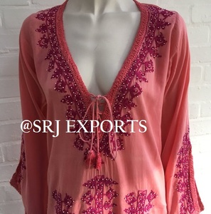 Voguish Best Selling Chic Pink Leaf Embroidery & Bead Embellishment Relaxed Fit <b>Beach</b> Swimwear <b>Cover</b> <b>up</b> Dress Tunic for <b>Women</b> - Product Image 1