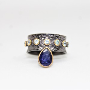 Designer Multi Stone Iolite and Blue Topaz Gold Plated 925 Sterling <b>Silver</b> Black Rhodium <b>Ring</b> Premium Quality - Product Image 1