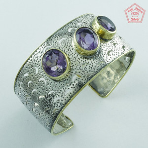 Brazalete de piedra amatista de Plata de Ley 925 hecho a mano para regalos, fiestas, bodas - Product Image 1