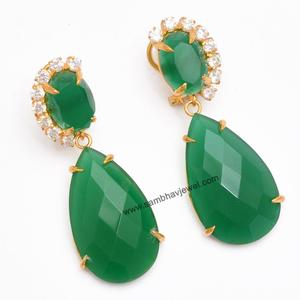 925แฮนด์เมดเครื่องประดับเงินสเตอร์ลิงสำหรับงานแต่งงานพร้อมชุบทองพลอยนิลสีเขียวธรรมชาติเพทายต่างหูตุ้งติ้งสำหรับเป็นของขวัญสำหรับผู้หญิง - Product Image 1