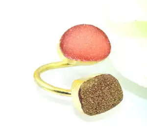 Più nuovo di vendita naturale arancio e di colore dorato zucchero druzy anello in oro placcato regolabile anello fatto a mano monili delle donne boho anello regalo