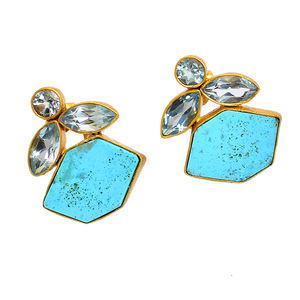 Pendientes de tuerca chapados en oro de Plata de Ley 925 con piedras preciosas turquesas de Topacio Azul Pendiente de moda para aniversario de bodas o regalo. - Product Image 1