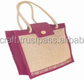 Lowellcraft Jute Shopping <b>Bag</b> with Red Border Zipper Closure Hand Length Handle Medium Size for Groceries - Product Image 2
