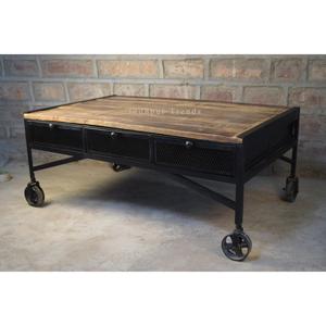 Table de centre industrielle moderne en fer et manguier pour salon meubles de maison avec roues - Product Image 1