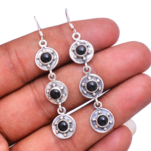 Round Cab Black Onyx Gemstone 925 Sterling <b>Silver</b> <b>Long</b> Dangle <b>Earrings</b> <b>Silver</b> Plated Bezel Setting Fashionable <b>Earring</b> For Women - Product Image 1