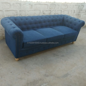 Sofá Chesterfield de 3 Plazas de Estilo Industrial de Lujo, Tapizado en Tela Azul Personalizada, con Botones Decorativos Vintage - Product Image 4