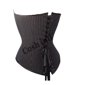 Overbust Steelboned Waist Training Extreme Curvy Black Pinstriped Cotton Corset, Gothic <b>and</b> Fetish Corset Top Vendor - Product Image 2