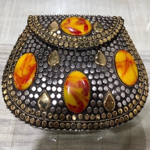 Best Quality Indian Natural <b>Mirror</b> and Stone Clutch Metal Bags With Orange Stone Direct From Manufacture - Product Image 5