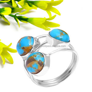 Anillo de diseñador de plata de ley sólida turquesa de cobre azul hecho a mano anillo de forma redonda de tres piedras joyería al por mayor CASA DE PLATA - Product Image 1