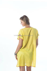 <b>Vintage</b> Mexican Style Floral Hand Embroidered Tunic Bohemian Fiesta Lovely Open Sleeves Delicate Cotton Summer V Neck <b>Mini</b> Dress - Product Image 4